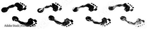 Human black footprints way white background isolated, barefoot person foot print pattern, walking path, footsteps silhouette illustration, bare feet route trail, ink imprint, stamp, mark, sign, symbol photo