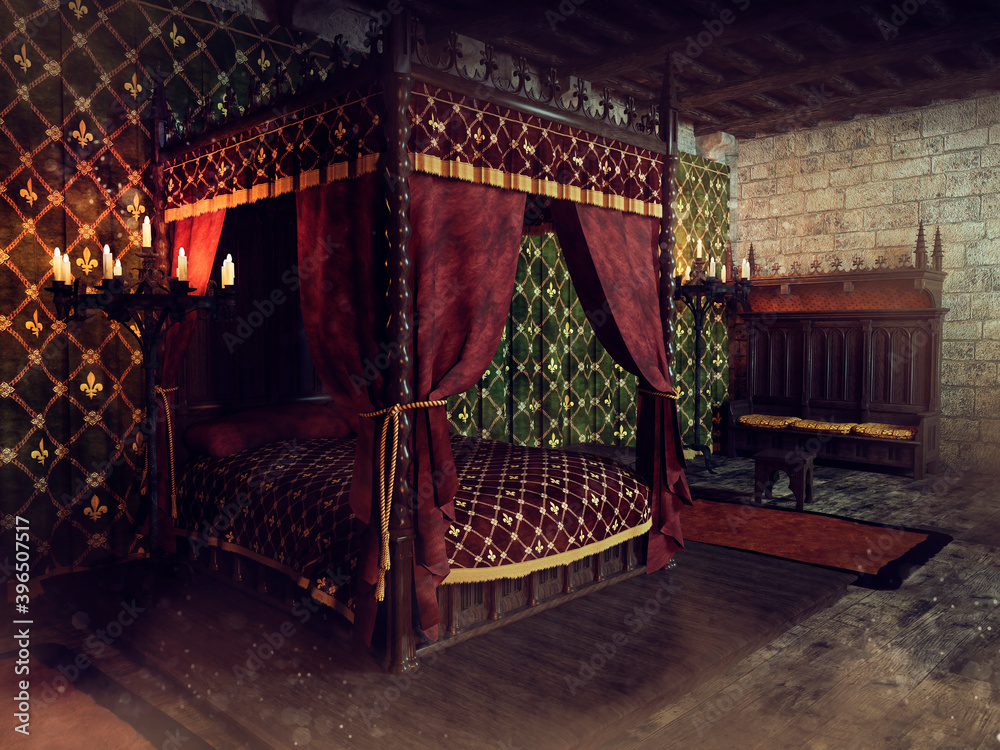 Fantasy medieval bedroom with a large bed with curtains, candles and old  furniture. 3D render. Stock Illustration | Adobe Stock