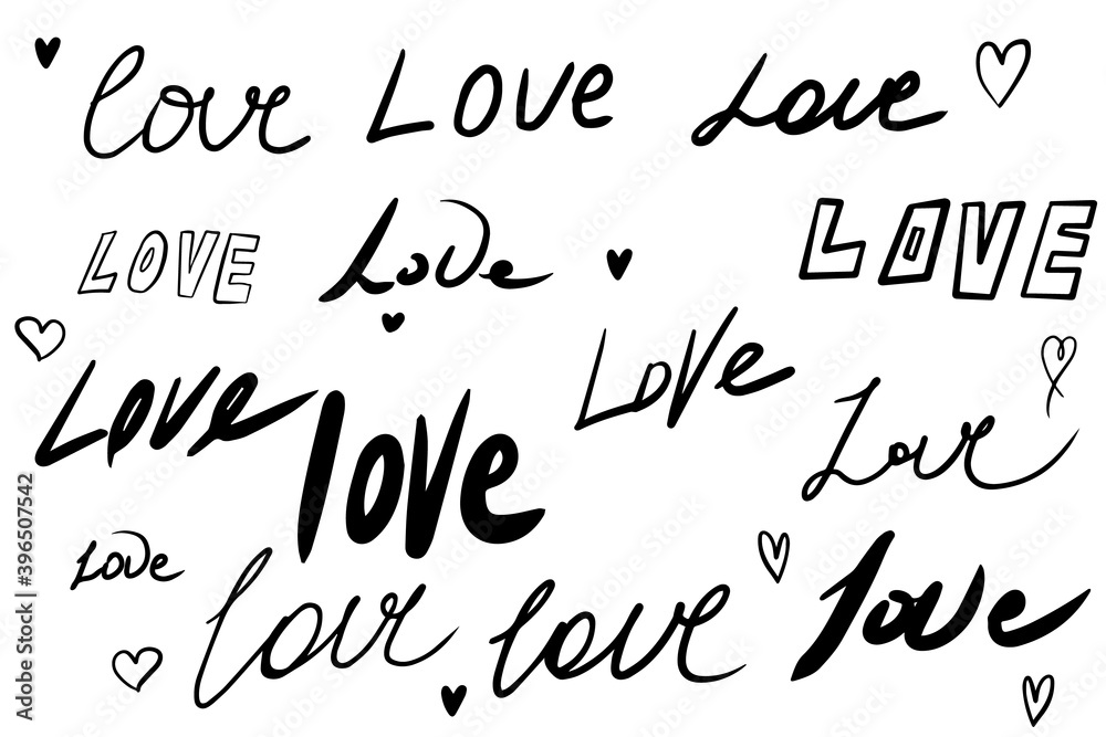 The word love is hand drawn and written in various styles for a Valentine's day greeting card. Vector illustration by hand The word love is hand drawn and written in various styles for a Valentine's day greeting card. Vector illustration by hand