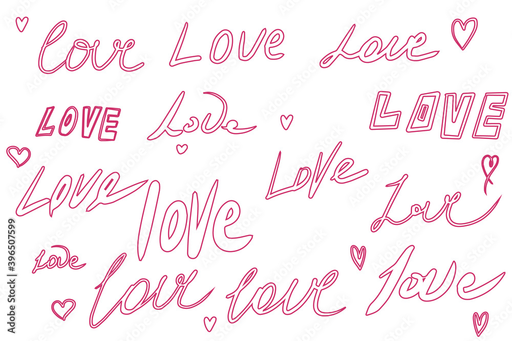 The word love is hand drawn and written in various styles for a Valentine's day greeting card. Vector illustration by hand The word love is hand drawn and written in various styles for a Valentine's day greeting card. Vector illustration by hand