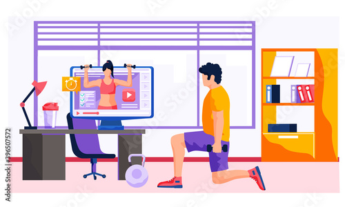 A man doing exercises with dumbbells at home front of the TV. Character goes in for sports on an online video lesson, healthy active lifestyle, health care. Comfortable fitness with equipment