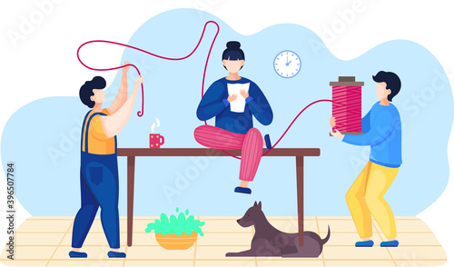 Men sewing a plan for future clothes. Fashion designers making a textile. Future cloth planning. Men pull a pink thread for a future jacket. Two men hold a skein of thread and needles around girl