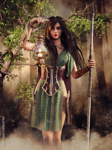 Forest scene with a fantasy huntress with deer horns, holding a lamp and a wooden staff in her hands. 3D render. The woman in the image is a 3D object. photo