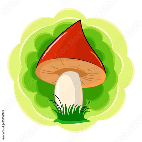 Red-brown mushroom on an abstract background. Picture. Vector isolated on white. Cartoon flat style. Beautiful little forest mushroom in the grass.