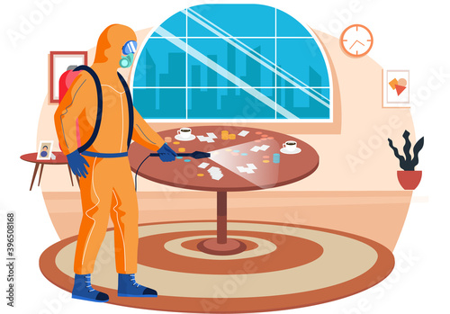 A man from epidemiological service doing disinfection in office or livingroom to kill viruses and bacteria flat vector. Male character in a protective suit sprays a room with disinfectant solute