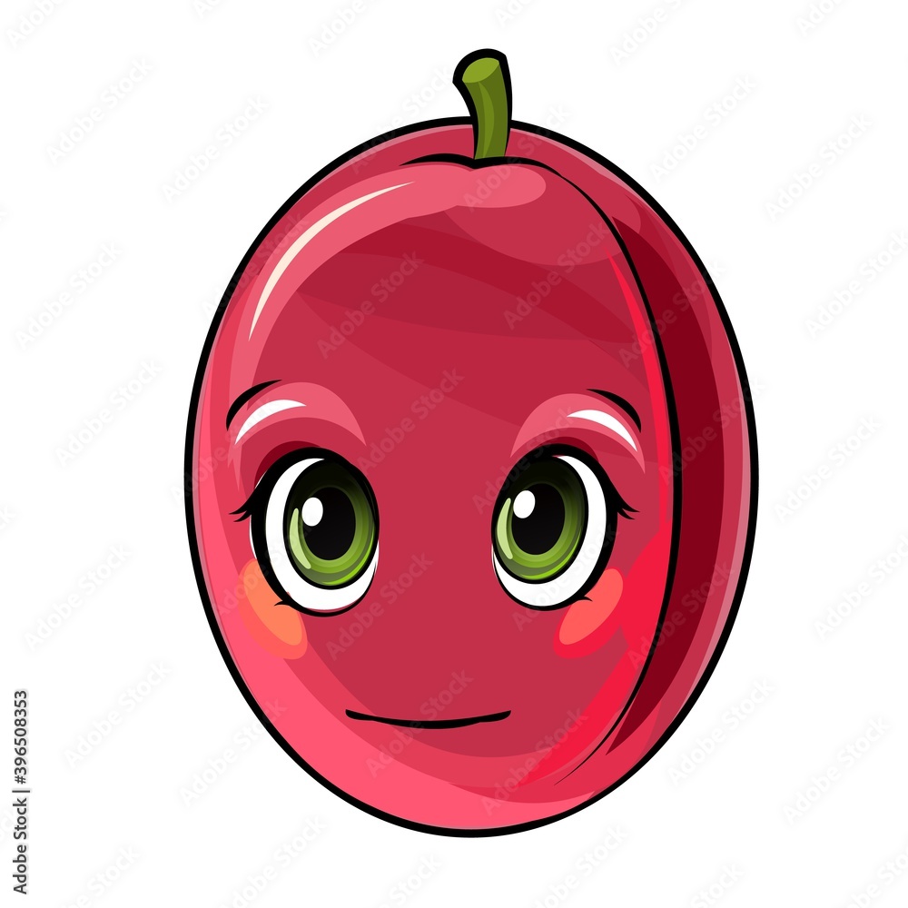 Obraz premium Plum fruits. Face. The isolated object on a white background. Ripe. Cartoon flat style. Illustration. Smile. Vector