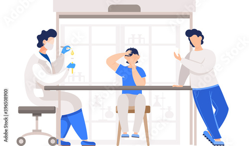 Chemical researcher, male teacher in face mask and white coat holds a chemistry lesson in school. Schoolboy sits at a table, laboratory assistant with a test tube shows him the experience with liquid