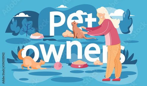 One young woman is playing with the ginger cat and taming it, while other is using ball of thread to play with a kitten. A cat without an owner lies near a ball of thread. Walk with pets in the park