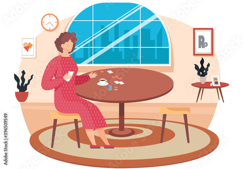 Board games flat design concept with woman holding a card in hand moving chip on playing table vector illustration. Family games at home in the evening, the woman is resting in the room alone