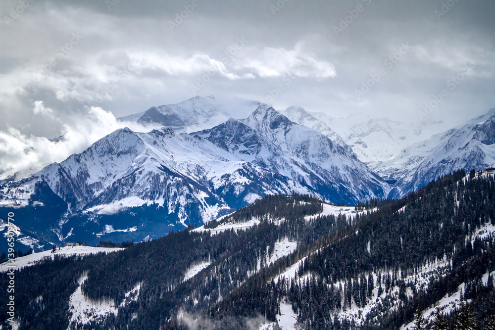 Panorama of the ski resort Zell am See. Cloudy winter day in the mountains. Winter landscape in the alps. Austria