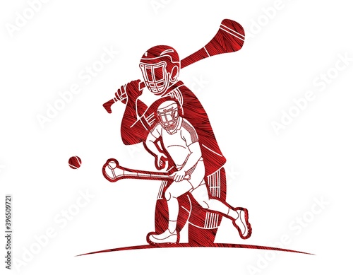 Group of Hurling sport players action. Irish Hurley sport cartoon graphic vector.