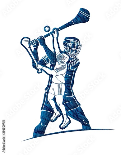 Group of Hurling sport players action. Irish Hurley sport cartoon graphic vector.