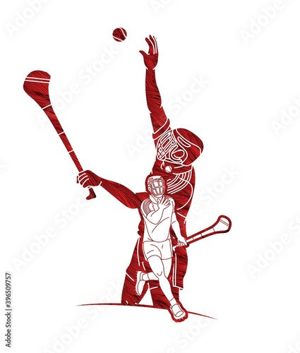 Group of Hurling sport players action. Irish Hurley sport cartoon graphic vector.