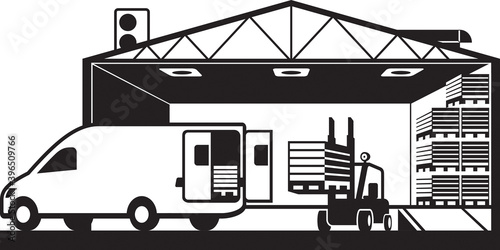 Forklift loading cargo van with pallets in warehouse – vector illustration