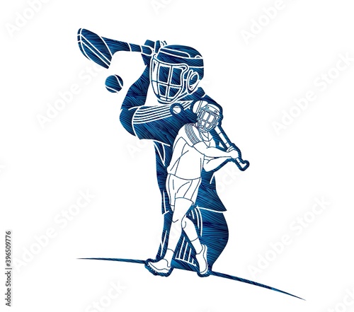 Group of Hurling sport players action. Irish Hurley sport cartoon graphic vector.