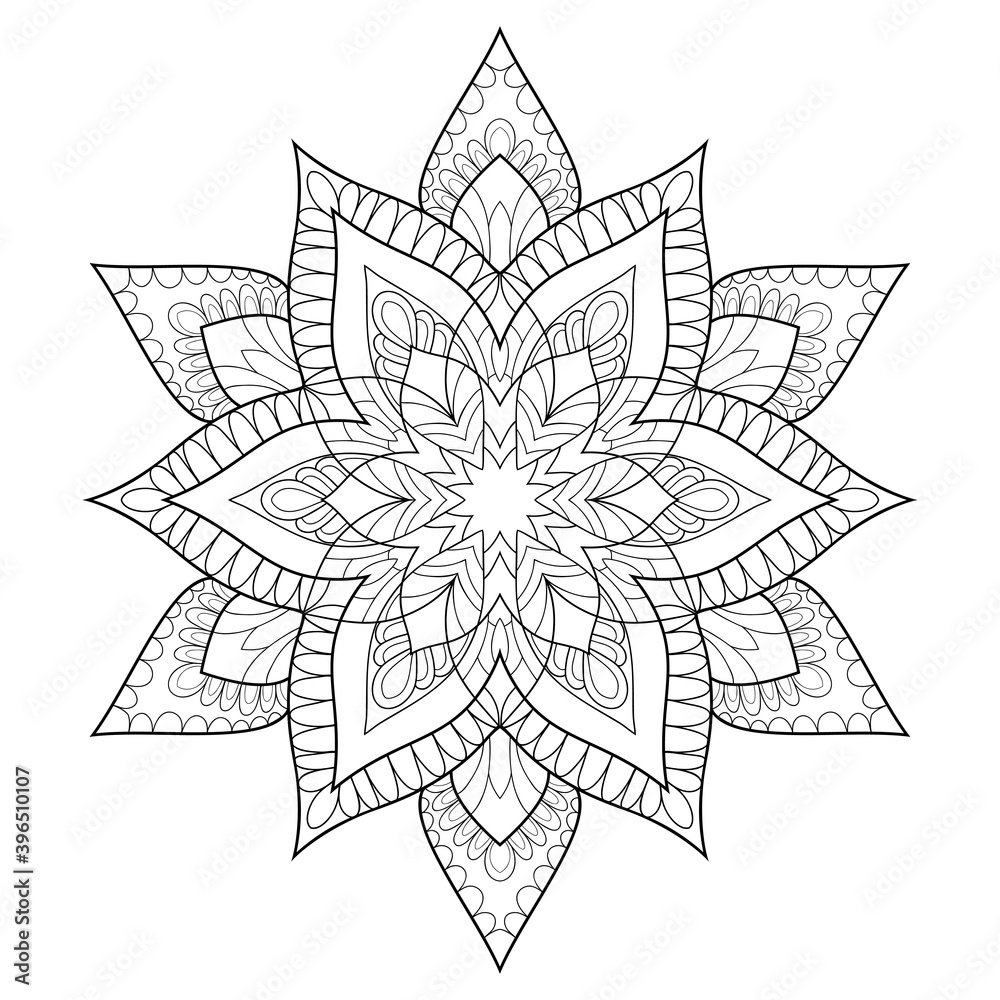 Decorative mandala with simple patterns on white isolated background. For coloring book pages. Decorative mandala with simple patterns on white isolated background. For coloring book pages.