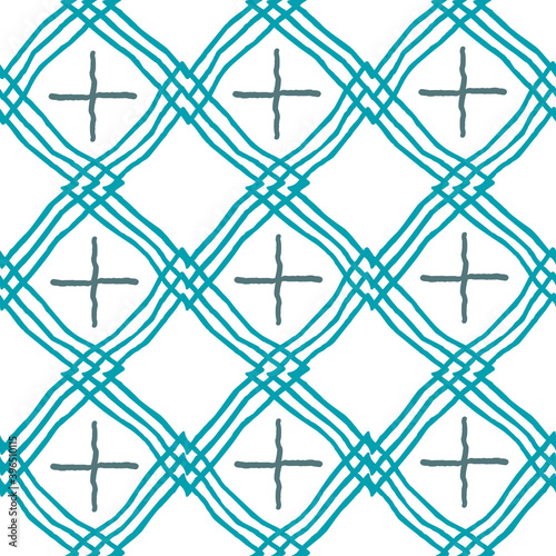 Vector abstract pattern with hand-drawn rhombuses and crosses on a white background. Simple seamless illustration for wallpaper, wrapping paper, fabric design