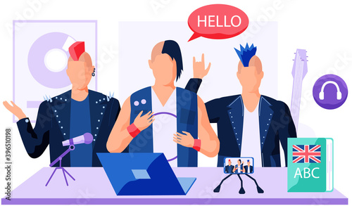 Guys in rock clothes communicate in foreign language. Music group recording a new track. The guy with the long bangs says hello. Rock band spend time and creates music together. Foreigners sing songs