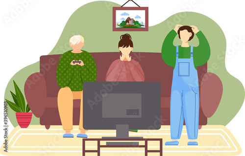 Family sitting on couch and playing game on the console. People are resting at home with the TV. Joint pastime at the weekend. Guy with gamepad in his hands. The girl looks at the screen in surprise