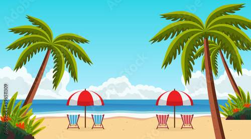 Summer landscape vector illustration with Tropical Beach Palm Tree and umbrella for relaxing © Alimudin Yusup