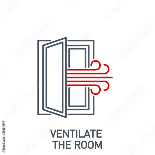 open window with a stream of fresh air, room ventilation single line icon isolated on white. Perfect outline symbol Coronavirus Covid 19 prevention banner. Quality design element with editable Stroke