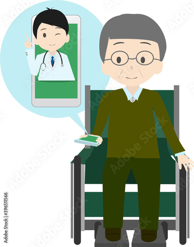 遠隔医療で医者と診察する車椅子の老人のイラスト