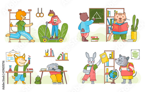Illustration of animals in a classroom. Collection of funny cartoon animals students. Back to school set. Characters of forest inhabitants get an education, studying with books, siting at a desk