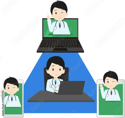 医師の遠隔医療と端末のイラスト