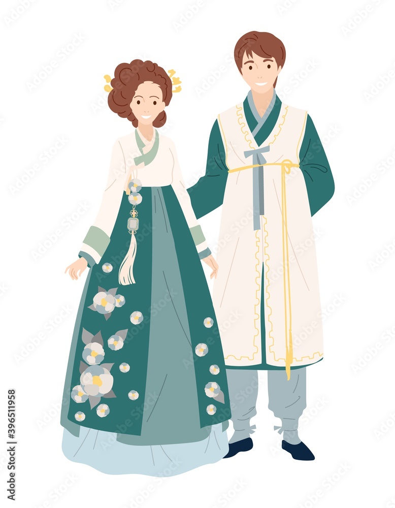 Young Korean family in Hanbok clothes. Man and woman smiling in korean suit for holiday or event. Newlyweds in traditional oriental dress on isolated white. Vector stock illustration in flat style.