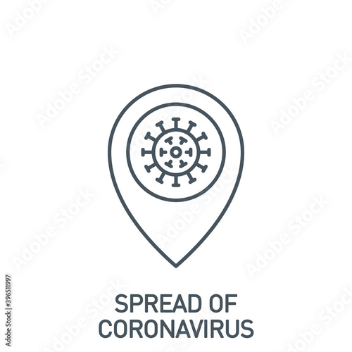 location point coronavirus outbreak on map single line icon isolated on white. Perfect outline symbol Coronavirus Covid 19 pandemic banner. Quality design element with editable Stroke line thickness