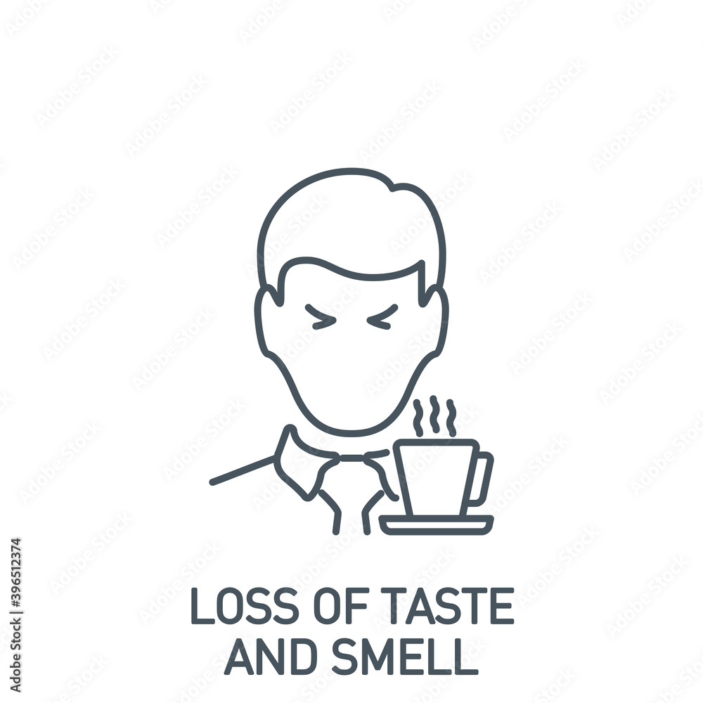 loss of taste and smell Signs and symptoms Coronavirus single line icon isolated on white. Perfect outline symbol symptoms Covid 19 pandemic banner. Quality design element with editable Stroke