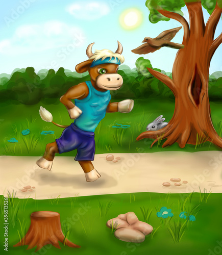 Fototapeta Naklejka Na Ścianę i Meble -  Illustration of bull running in forest. Cartoon fantasy art. Sport running