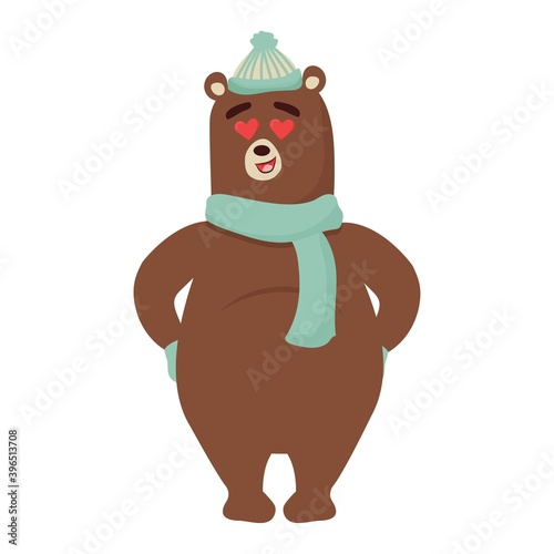 Cute shy bear full body, adorable character isolated on white background. Winter composition with snowflakes. Childish print, decoration, clip art. 