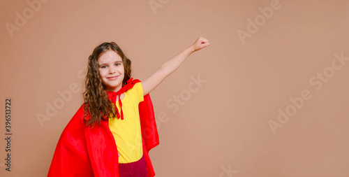 Платно Banner little power super hero cute girl kid in a red raincoat