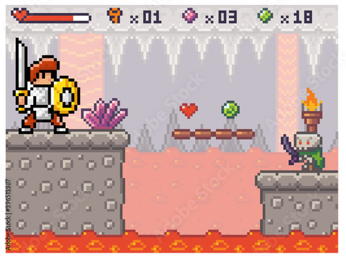 Pixel game interface. A knight in armor walks along a platform above the lava. Hero is collecting items. The main character with a sword goes to the burning skull. Old 8-bit mobile game of 80s