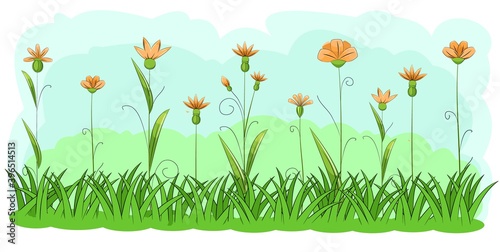 Blooming meadow with grass and flowers. Sky. Cartoon just style. Isolated on white background. Romantic fabulous illustration. Vector