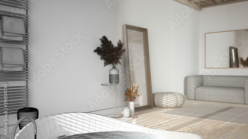 Architect interior designer concept: hand drawing a design interior project while the space becomes real, peaceful bathroom, bathtub, ceramic tiles, sofa, spa, hote, modern design photo