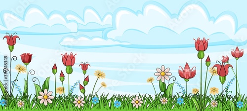 Blooming meadow with grass and flowers. Sky. Scenery. Cartoon just style. Romantic fabulous illustration. Beautiful natural view. Wild plant nature. Rural scene. Vector