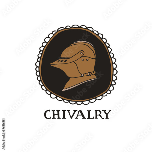 Medieval knight helmet and hand drawn lettering in decorative frame. Coat of arms heraldic equipment. Crusaders templar armour vector illustration in line art style. Chivalry and knighthood concept