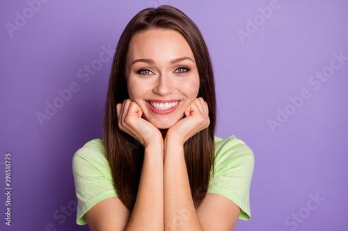 Close-up portrait of her she nice-looking attractive lovely pretty cheerful cheery girl enjoying good mood healthy beaming smile isolated bright vivid shine vibrant lilac violet color background