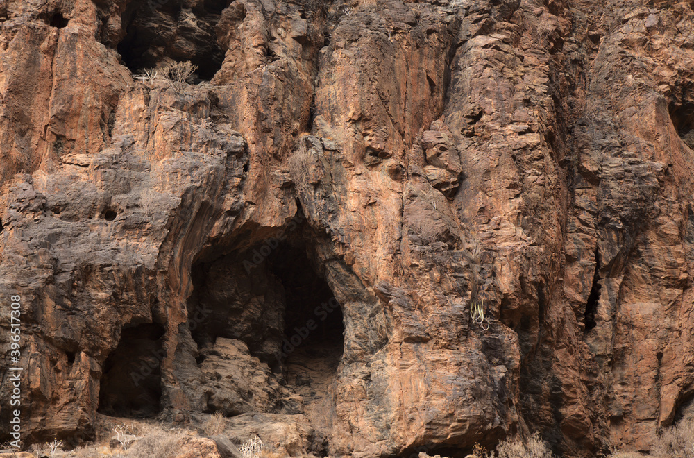 Gran Canaria, landscapes along the hiking route around the ravive Barranco Hondo, The Deep Ravine at the southern part of the 
island, full of caves and grottoes, close to small village Juan Grande