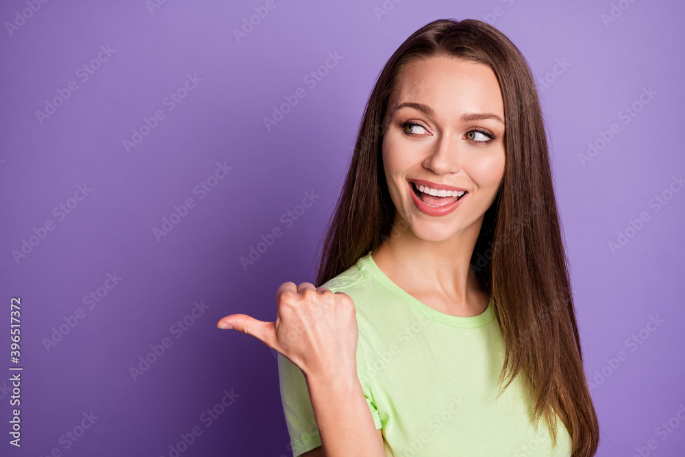 Close-up portrait of her she nice attractive lovely cheerful glad girl showing copy empty blank place space advert look isolated bright vivid shine vibrant lilac violet color background Close-up portrait of her she nice attractive lovely cheerful glad girl showing copy empty blank place space advert look isolated bright vivid shine vibrant lilac violet color background