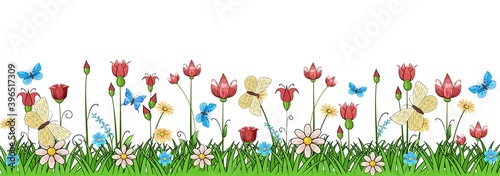 Blooming meadow with grass and flowers. Scenery. Cartoon style. Romantic fabulous illustration. Isolated on white background. Beautiful natural view. Wild plant nature. Rural scene. Vector