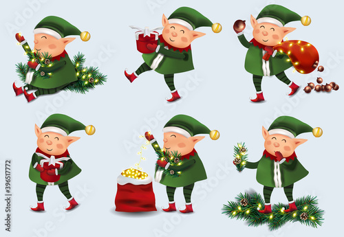 Christmas little Elf with gift presents. Set of cute elves in hat and mittens. Cute elves Santa Claus helpers. Vector illustration.