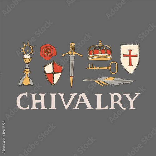 Chivalry and crusade set of elements including candleholder, crown, templar shield, wax seal and sword. Knighthood vector illustration with hand drawn lettering