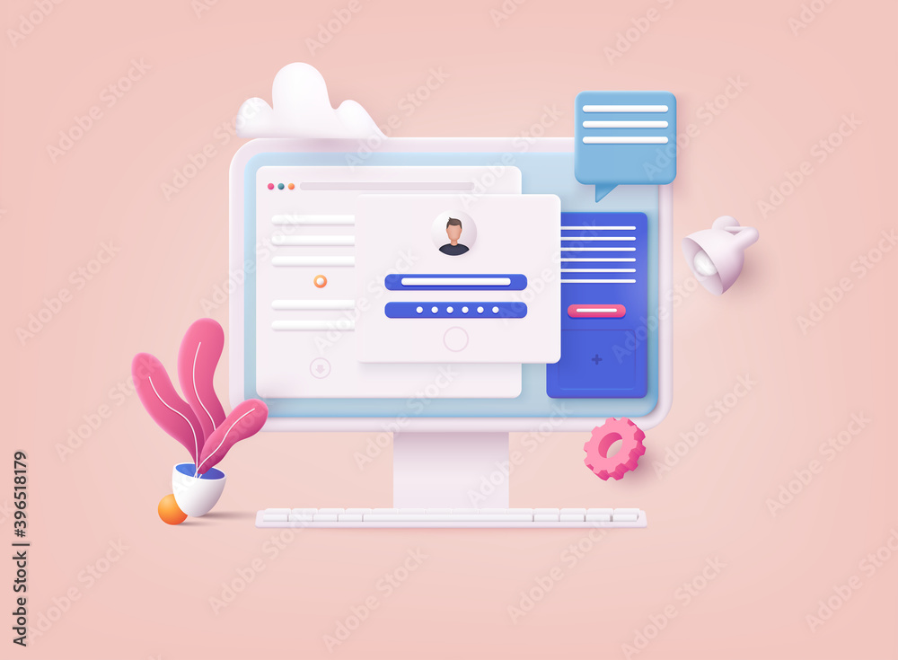 3D Web Vector Illustrations. Computer and account login and password form page on screen. Sign in to account, user authorization, login authentication page concept. Username, password fields.