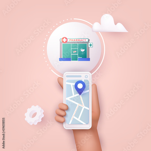 3D Web Vector Illustrations. Hand holding mobile smart phone with application search pharmacy. Find closest on city map.