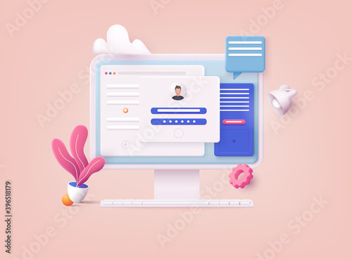 3D Web Vector Illustrations. Computer and account login and password form page on screen. Sign in to account, user authorization, login authentication page concept. Username, password fields.