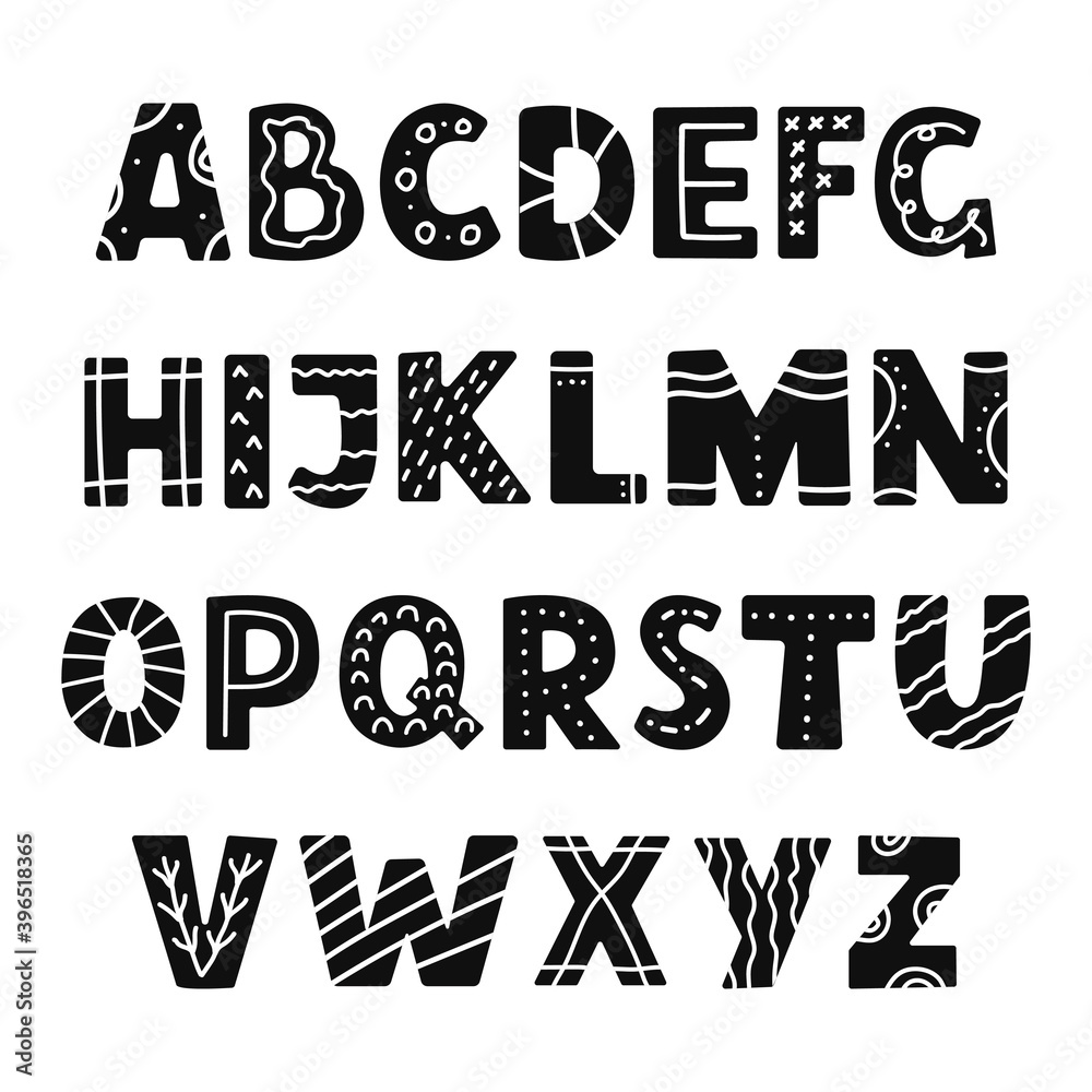 Vector hand drawn black and white alphabet in scandinavian style on ...