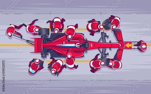 Pit stop in races f1. Replacing wheels on the race. Red speed car. A team of profesionals engaged in their work. Race car pilot. Fast maintenance of the car. Vector Illustration